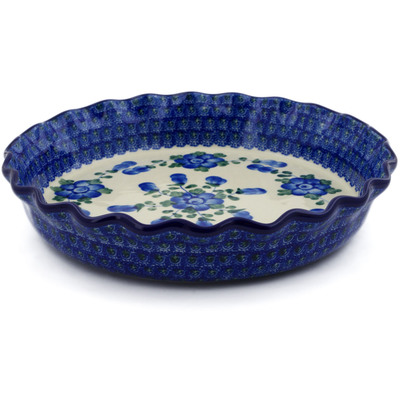 Polish Pottery Fluted Pie Dish 10&quot; Blue Poppies
