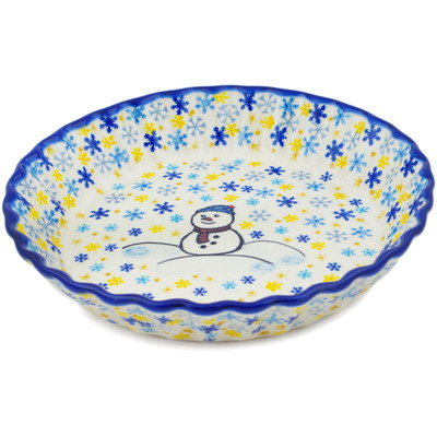 Polish Pottery Fluted Pie Dish 10&quot; Delightful Snowfall