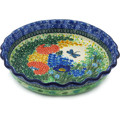 Polish Pottery Fluted Pie Dish 10&quot; Dragonfly Delight UNIKAT