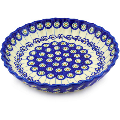 Polish Pottery Fluted Pie Dish 10&quot; Flowering Peacock