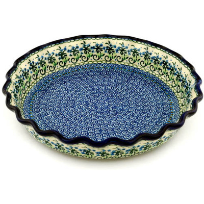 Polish Pottery Fluted Pie Dish 10&quot; Forget Me Not Circle UNIKAT