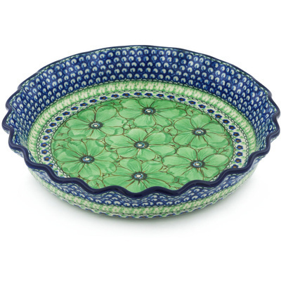 Polish Pottery Fluted Pie Dish 10&quot; Green Pansies UNIKAT