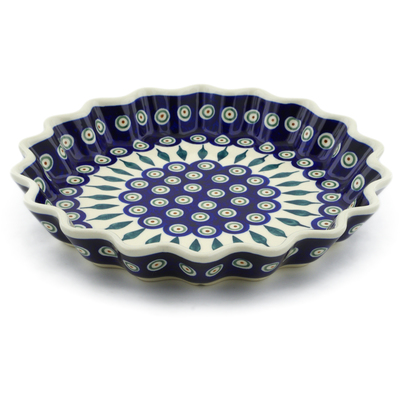Polish Pottery Fluted Pie Dish 10&quot; Peacock Leaves