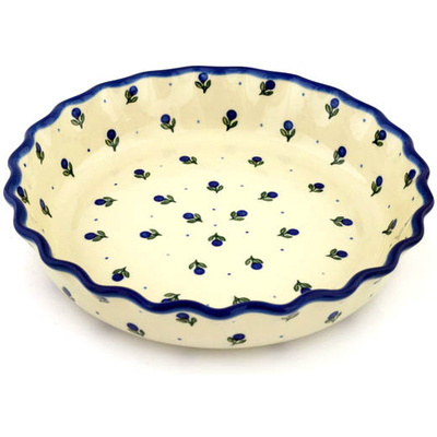 Polish Pottery Fluted Pie Dish 11&quot; Blue Buds