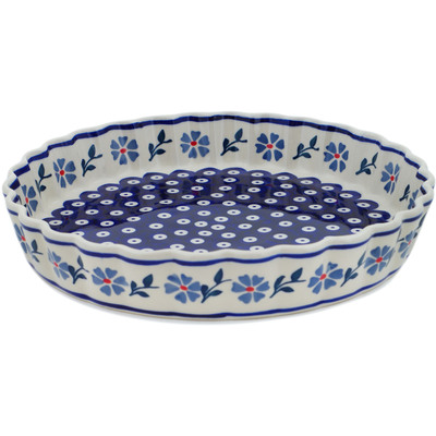 Polish Pottery Fluted Pie Dish 11&quot; Peacock Forget-me-not
