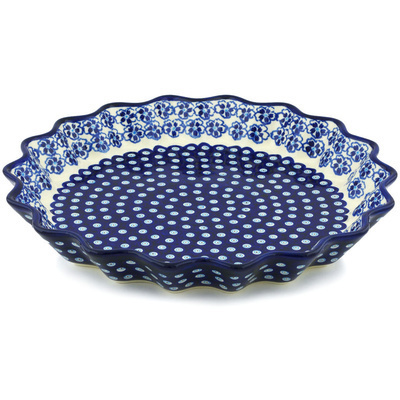 Polish Pottery Fluted Pie Dish 13&quot; Aloha Blue