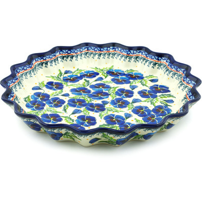 Polish Pottery Fluted Pie Dish 13&quot; Blooming Blue Pansies UNIKAT
