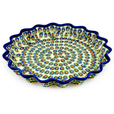 Polish Pottery Fluted Pie Dish 13&quot; Peacock Feathers