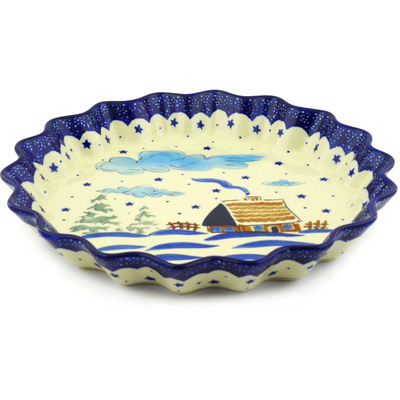 Polish Pottery Fluted Pie Dish 13&quot; Winter Chalet