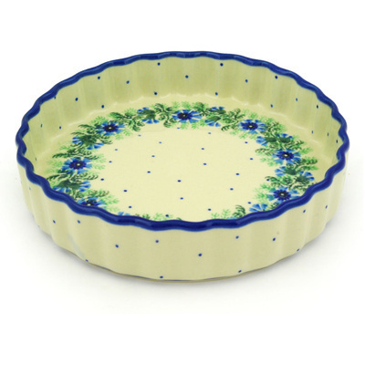 Polish Pottery Fluted Pie Dish 8&quot; Blue Bell Wreath