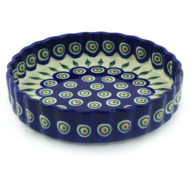 Polish Pottery Fluted Pie Dish 8&quot; Peacock Leaves