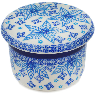 Polish Pottery French Butter Dish Blue Poinsettia UNIKAT