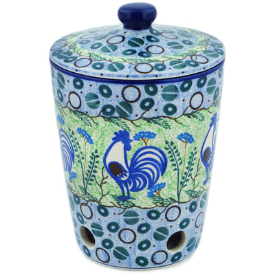 Polish Pottery Garlic and Onion Jar 7&quot; Blue Rooster UNIKAT