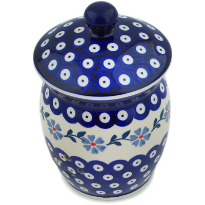 Polish Pottery Garlic and Onion Jar 7&quot; Peacock Forget-me-not