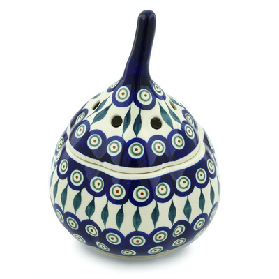 Polish Pottery Garlic and Onion Jar 9&quot; Peacock Leaves