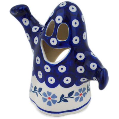 Polish Pottery Ghost Candle Holder Peacock Forget-me-not