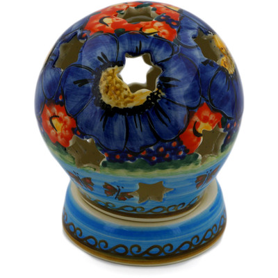 Polish Pottery Globe Shaped Candle Holder 5&quot; Blue Garden UNIKAT