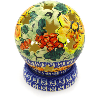 Polish Pottery Globe Shaped Candle Holder 5&quot; Colorful Bouquet UNIKAT