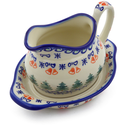 Polish Pottery Gravy Boat with Saucer Evergreen Bells