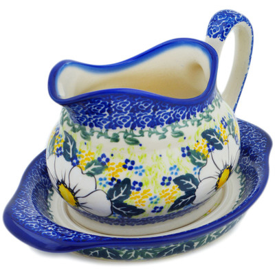 Polish Pottery Gravy Boat with Saucer Floral Fantasy