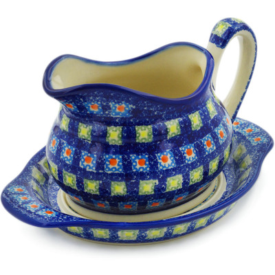 Polish Pottery Gravy Boat with Saucer Mosaic Tile