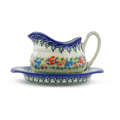Polish Pottery Gravy Boat with Saucer Ring Of Flowers UNIKAT