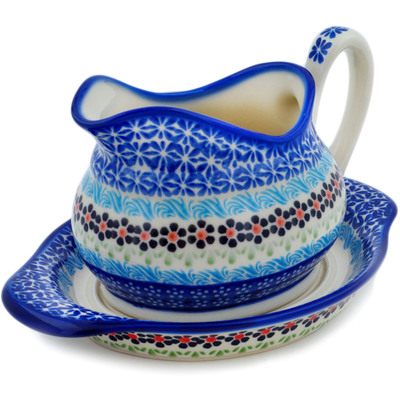 Polish Pottery Gravy Boat with Saucer Spring Country Trip