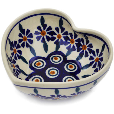 Polish Pottery Heart Shaped Bowl 4&quot; Peacock