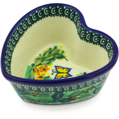 Polish Pottery Heart Shaped Bowl 4&quot; Spring Garden UNIKAT
