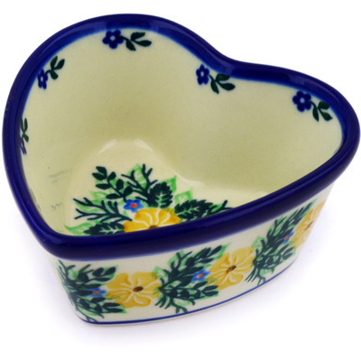 Polish Pottery Heart Shaped Bowl 4&quot; Yellow Flower Wreath