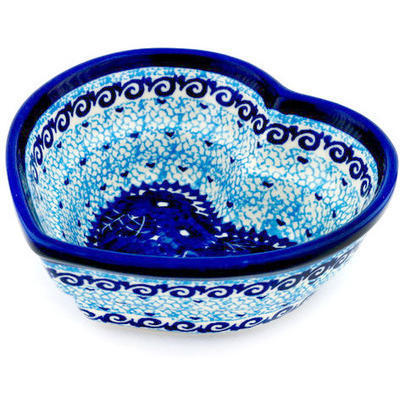 Polish Pottery Heart Shaped Bowl 6&quot; Azure Sea UNIKAT