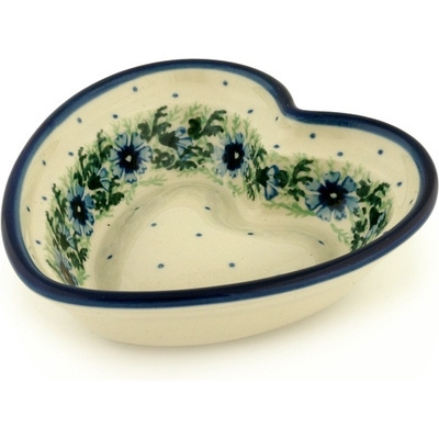 Polish Pottery Heart Shaped Bowl 6&quot; Blue Bell Wreath