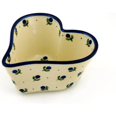 Polish Pottery Heart Shaped Bowl 6&quot; Blue Buds