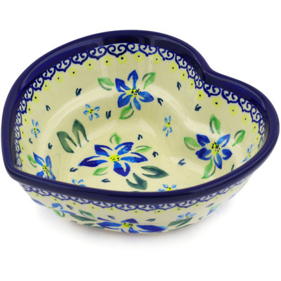 Polish Pottery Heart Shaped Bowl 6&quot; Blue Clematis