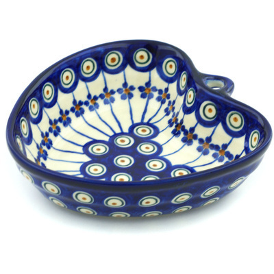 Polish Pottery Heart Shaped Bowl 6&quot; Floral Peacock