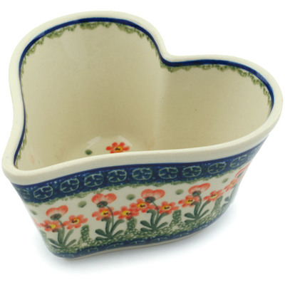Polish Pottery Heart Shaped Bowl 6&quot; Peach Spring Daisy