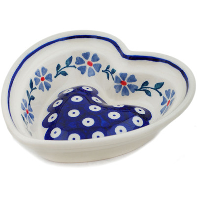 Polish Pottery Heart Shaped Bowl 6&quot; Peacock Forget-me-not