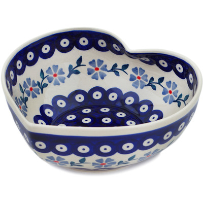 Polish Pottery Heart Shaped Bowl 7&quot; Peacock Forget-me-not