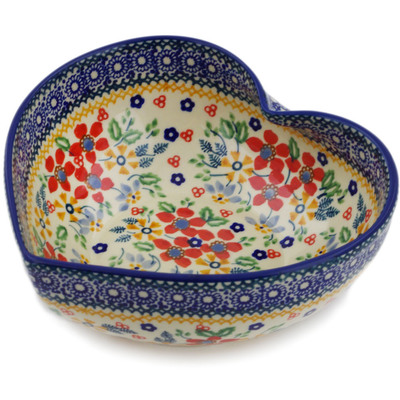 Polish Pottery Heart Shaped Bowl 7&quot; Ruby Bouquet UNIKAT