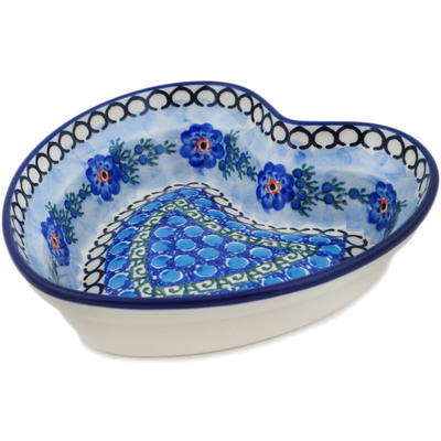 Polish Pottery Heart Shaped Bowl 8&quot; Blue Delight UNIKAT