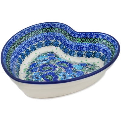 Polish Pottery Heart Shaped Bowl 8&quot; Blue Meadow UNIKAT