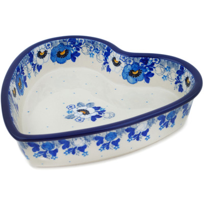 Polish Pottery Heart Shaped Bowl 8&quot; Blue Spring Blue