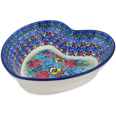 Polish Pottery Heart Shaped Bowl 8&quot; Country Bouquet UNIKAT