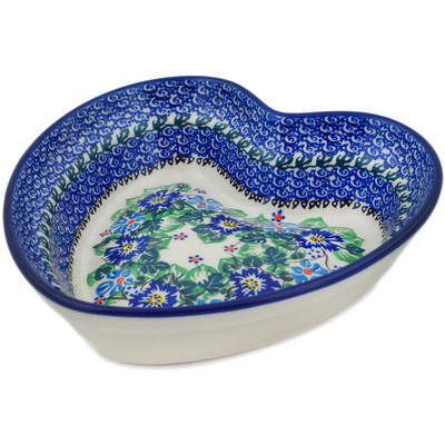 Polish Pottery Heart Shaped Bowl 8&quot; Morning Glory Wreath UNIKAT