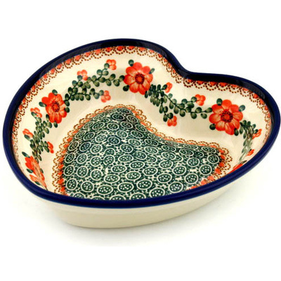 Polish Pottery Heart Shaped Bowl 8&quot; Orange Poppies