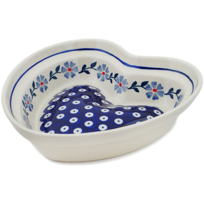 Polish Pottery Heart Shaped Bowl 8&quot; Peacock Forget-me-not