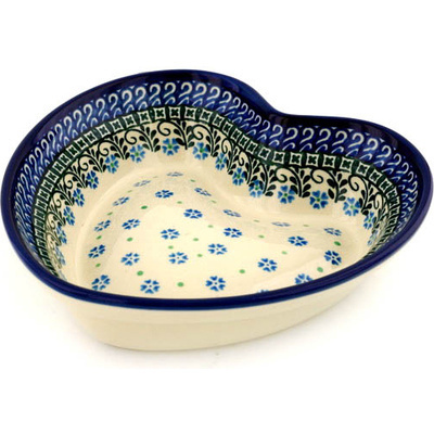 Polish Pottery Heart Shaped Bowl 8&quot; Royal Clover Flower