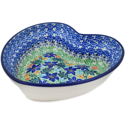 Polish Pottery Heart Shaped Bowl 8&quot; Sapphire Lilies UNIKAT