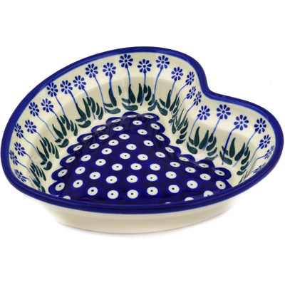 Polish Pottery Heart Shaped Bowl 8&quot; Springing Calendulas