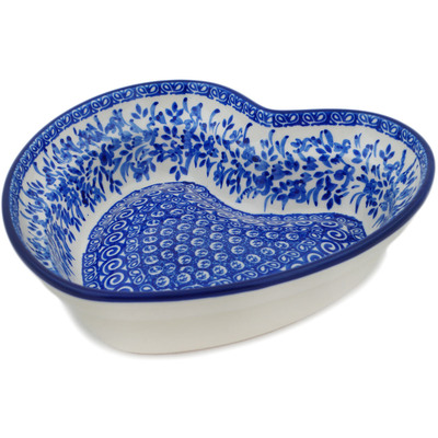 Polish Pottery Heart Shaped Bowl 8&quot; Wreath Of Blue UNIKAT